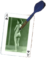 An ace of clubs speared with a blue dart.